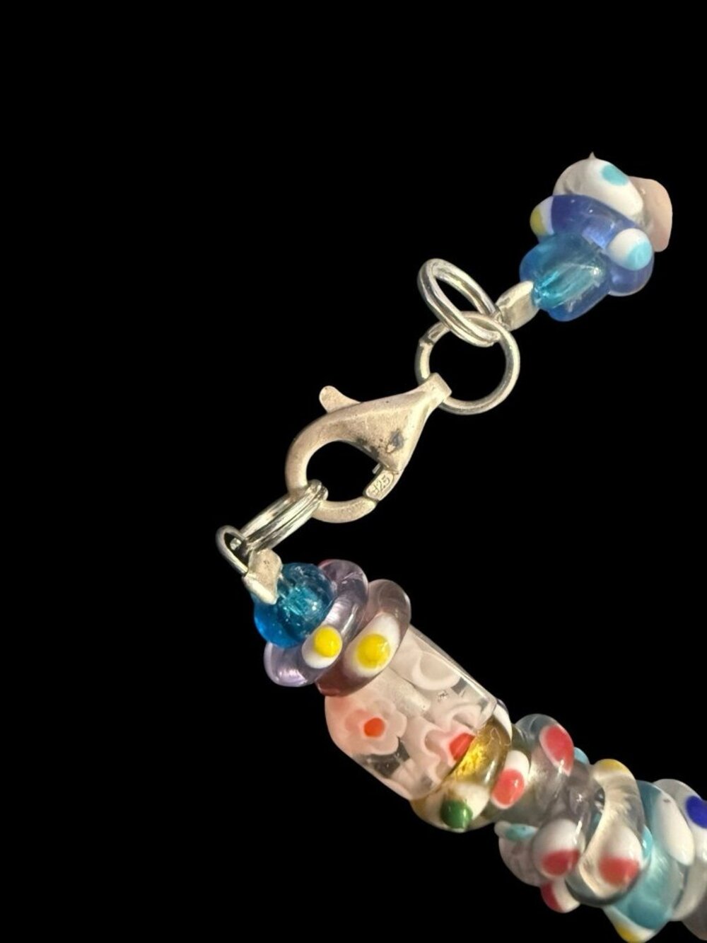 Vintage 925 Sterling Silver Murano Millefiori Evil Eye Glass Bead Necklace - Picture 5 of 6
